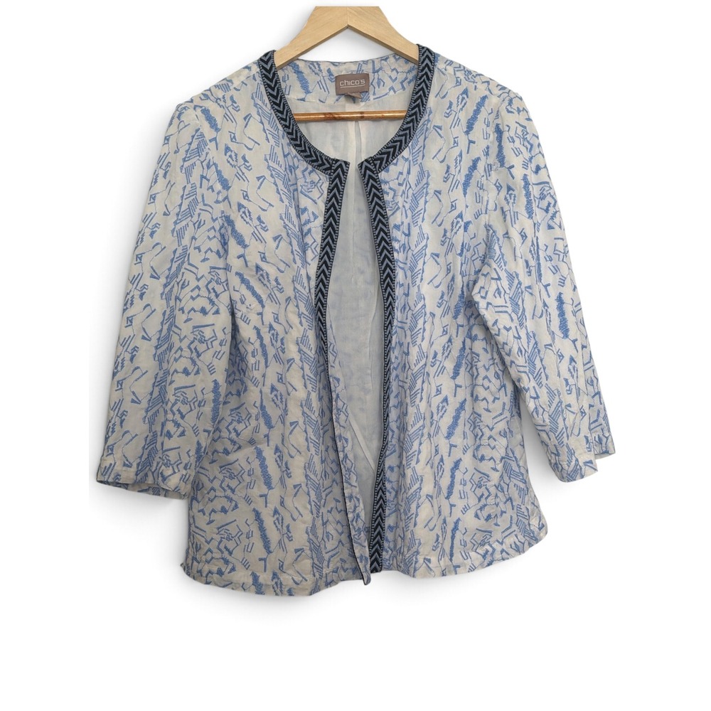 Chico's (3) Blue White Embroidered Open Front Blazer Jacket Cotton Size XL 16